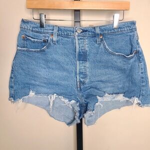 Levi's Womens 501 Cut-Off Shorts Blue Stretch Denim Button Fly Fray High Rise 32